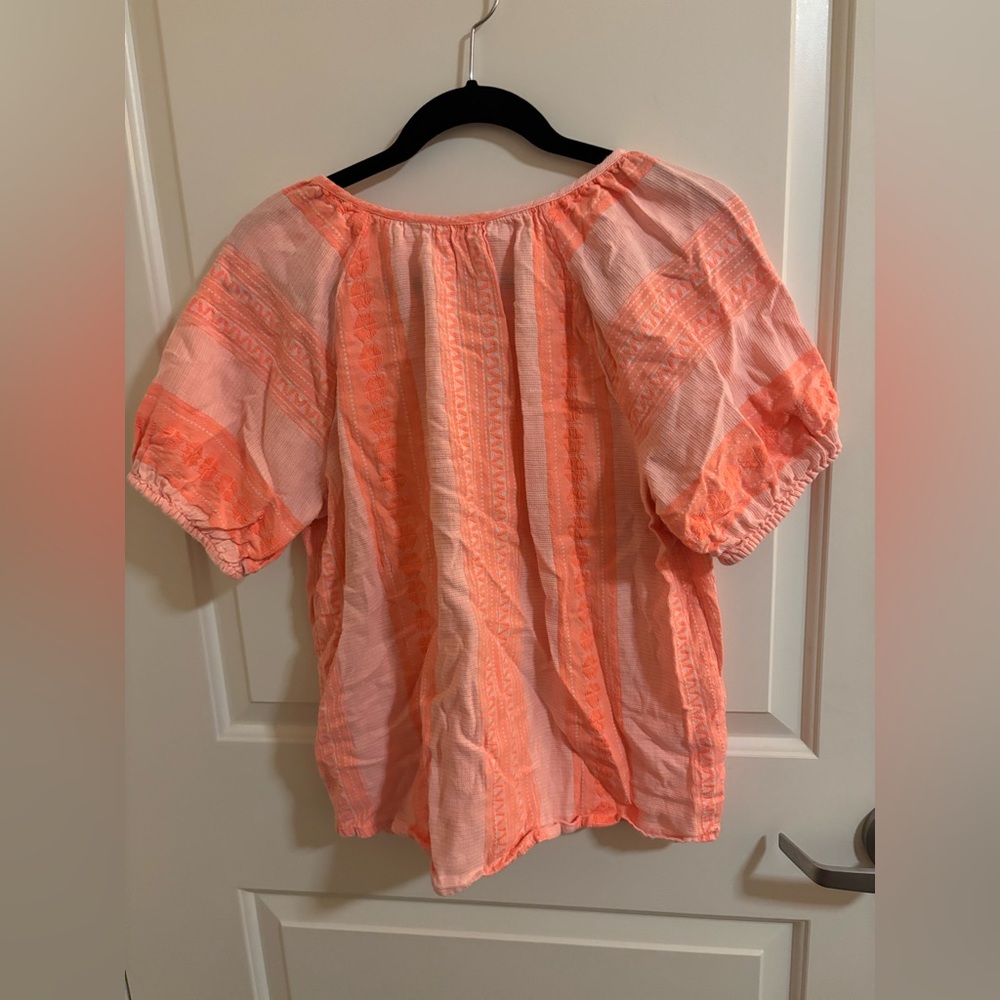 Ivy Jane Women's Bright Neon Orange V-Neck Top, puff sleeves & striped pattern - Picture 3 of 3